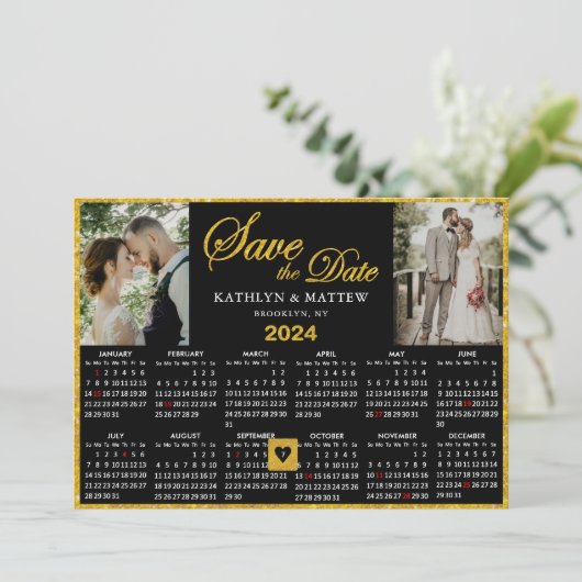 Elegant Goud Script op Zwart 2 Foto 2024 Kalender Save The Date (Staand voorkant)