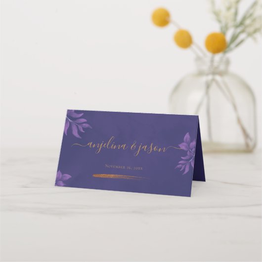 Elegant Goud Script Paarse Eucalyptus Bruiloft Plaatskaartje (Voorkant)