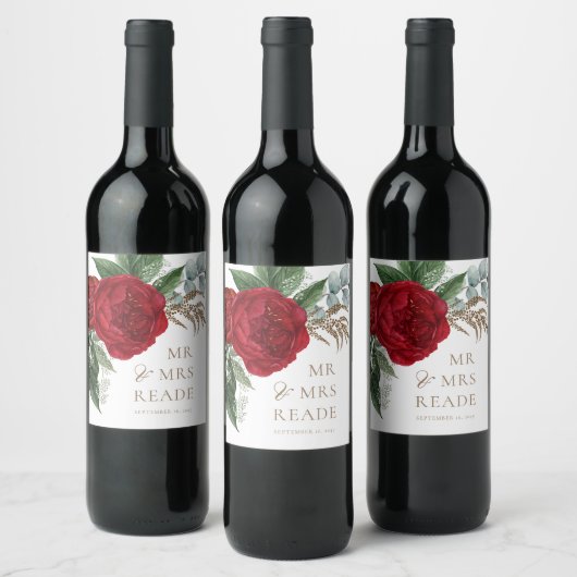 Elegant Goud Script Red Floral Mr. & Mrs Wijn Etiket (Flessen)