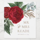 Elegant Goud Script Red Floral Mr. & Mrs Wijn Etiket (Enkel label)