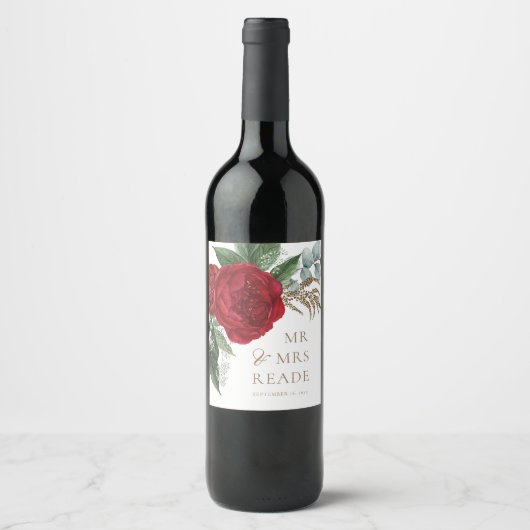 Elegant Goud Script Red Floral Mr. & Mrs Wijn Etiket (Voorkant)