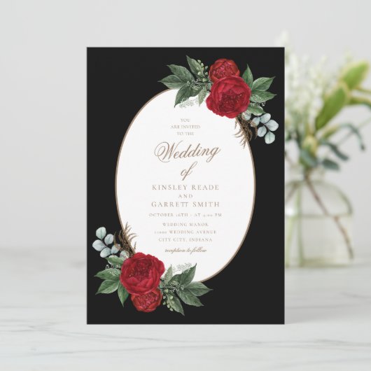 Elegant Goud Script Rode Pioenrozen Bruiloft Kaart (Staand voorkant)