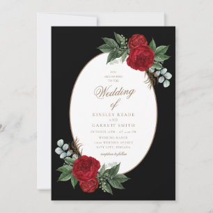 Elegant Goud Script Rode Pioenrozen Bruiloft Kaart