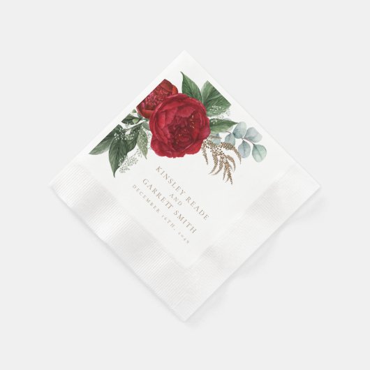 Elegant Goud Script Rood Bloemen Bruiloft Servet (Hoek)