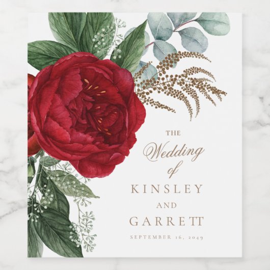 Elegant Goud Script Rood Bloemen Bruiloft Wijn Etiket (Enkel label)