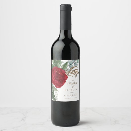 Elegant Goud Script Rood Bloemen Bruiloft Wijn Etiket (Voorkant)