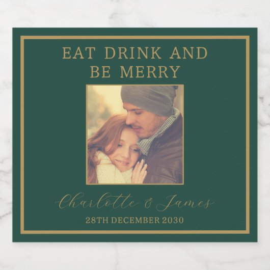 Elegant Goud Script Trouwfoto | Groen Sparkling Wijnetiket (Enkel label)