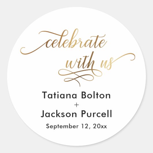 Elegant Goud Script Vier met ons bruiloft Ronde Sticker (Voorkant)