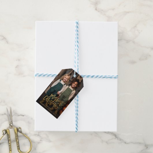 Elegant Goud Script Vrolijk Kerstfeest Fotovakanti Cadeaulabel (Met Touw)