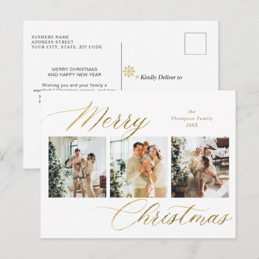 Elegant Goud Script Vrolijk Kerstmis Fotocollage Feestdagenkaart (Voorkant / Achterkant)
