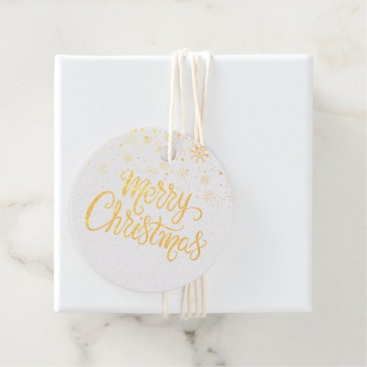 Elegant Goud Script Vrolijk Kerstmis Sneeuwvlokken Bedankjes Labels (Met doos)