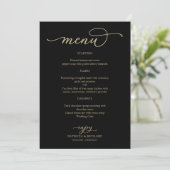 Elegant Goud Script Zwart Bruiloft Menu (Staand voorkant)