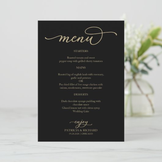 Elegant Goud Script Zwart Bruiloft Menu (Staand voorkant)