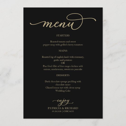 Elegant Goud Script Zwart Bruiloft Menu (Voorkant)