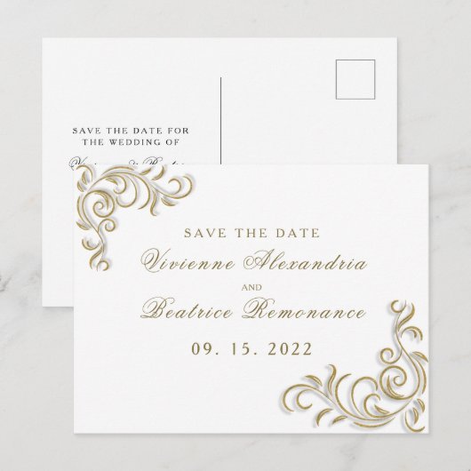 Elegant goud scroll bruiloft Save the Date Briefkaart (Voorkant / Achterkant)