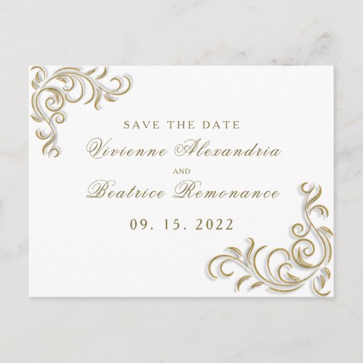 Elegant goud scroll bruiloft Save the Date Briefkaart (Voorkant)