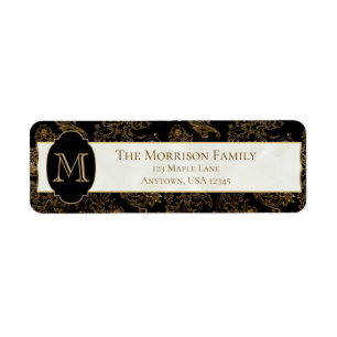 Elegant Goud Scrolls Faux Zwart Marmer Monogram Etiket