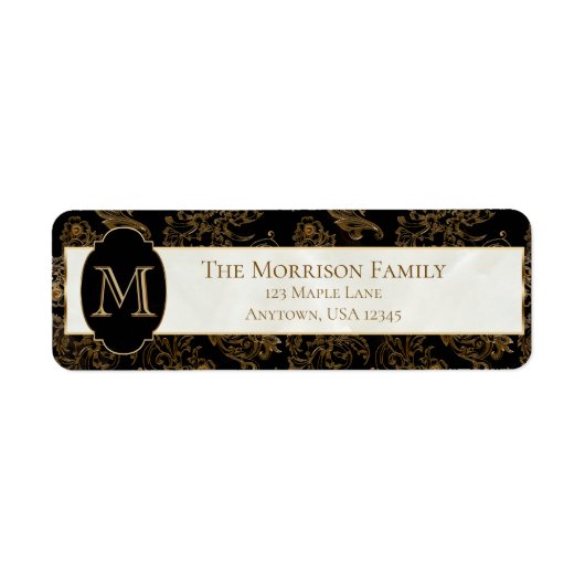 Elegant Goud Scrolls Faux Zwart Marmer Monogram Etiket (Voorkant)