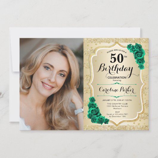 Elegant Goud Smaragd Groene Foto 50e Verjaardag Kaart (Voorkant)