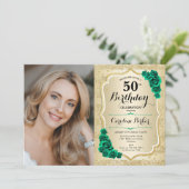 Elegant Goud Smaragd Groene Foto 50e Verjaardag Kaart (Staand voorkant)