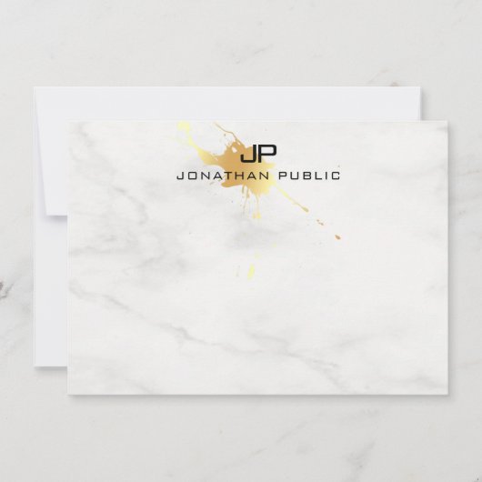 Elegant Goud Splash Modern Monogram Wit Marmer Notitiekaartje (Voorkant)