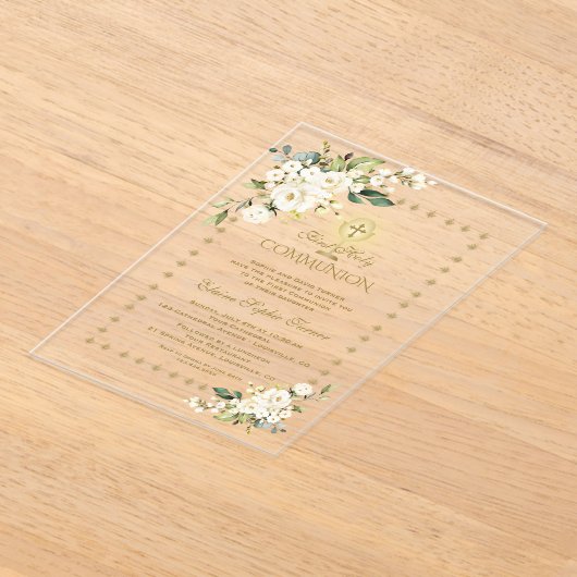 Elegant goud sprankelt witte bloem Heilige Communi Acryl Uitnodigingen (Laagn)