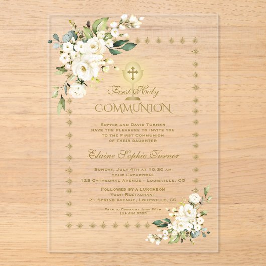 Elegant goud sprankelt witte bloem Heilige Communi Acryl Uitnodigingen (Voorkant)