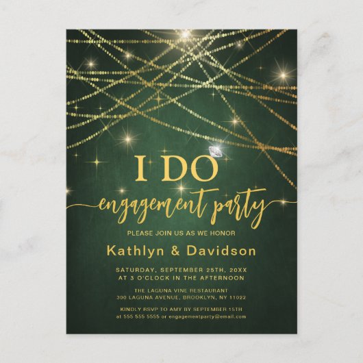 Elegant Goud String Lights Groen I DO Verloving Uitnodiging Briefkaart (Voorkant)