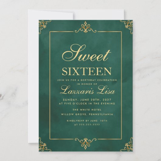 Elegant goud Sweet Sixteen 16 Green Birthday Kaart (Voorkant)