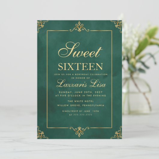 Elegant goud Sweet Sixteen 16 Green Birthday Kaart (Staand voorkant)