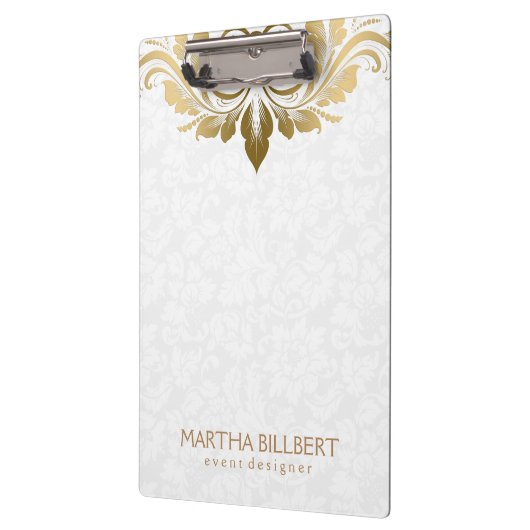 Elegant goud swirly kant op pluche witte damast klembord (Links)