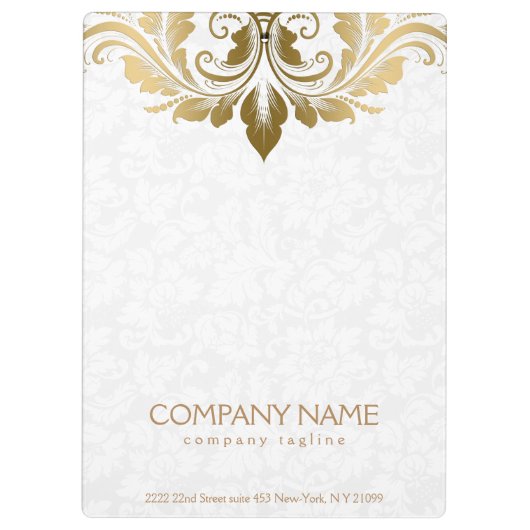 Elegant goud swirly kant op pluche witte damast klembord (Achterkant)