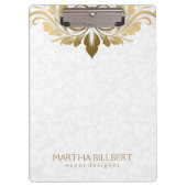 Elegant goud swirly kant op pluche witte damast klembord (Voorkant)