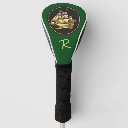 Elegant Goud Tall Masted Schip met Monogram Golfheadcover (Voorkant)