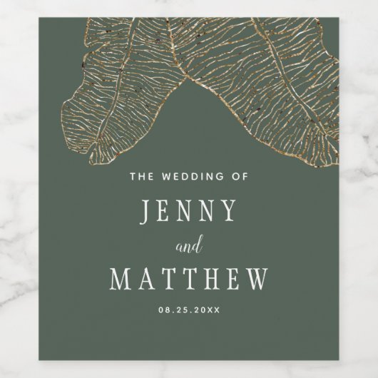 Elegant Goud Tropische bladeren Bruiloft Wijn Etiket (Enkel label)