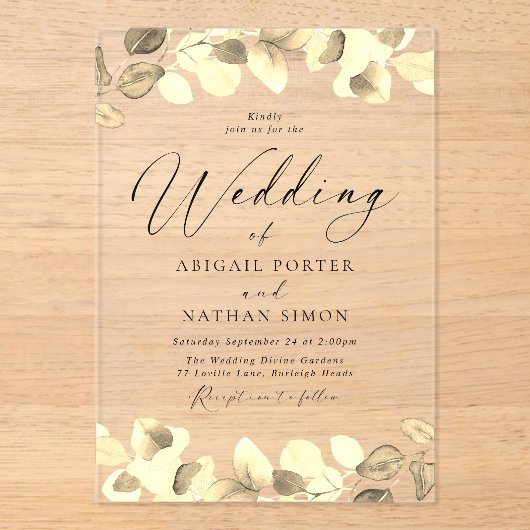 Elegant goud verlaat alle seizoenen bruiloft acryl uitnodigingen (Voorkant)