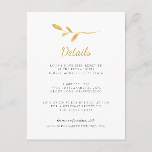 Elegant goud verlaat Modern Script Wedding Details Informatiekaartje (Voorkant)