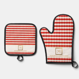 Elegant Goud Vierkant Monogram Rood Diamantpatroon Ovenwant & Pannenlap Set
