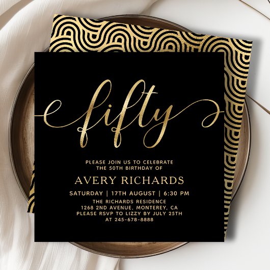 Elegant Goud Vijftig Script Zwart 50ste Verjaardag Kaart