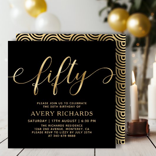 Elegant Goud Vijftig Script Zwart 50ste Verjaardag Kaart