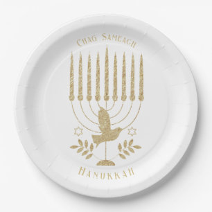 Elegant Goud Vliegende Duif Menorah Chanoeka Papieren Bordje