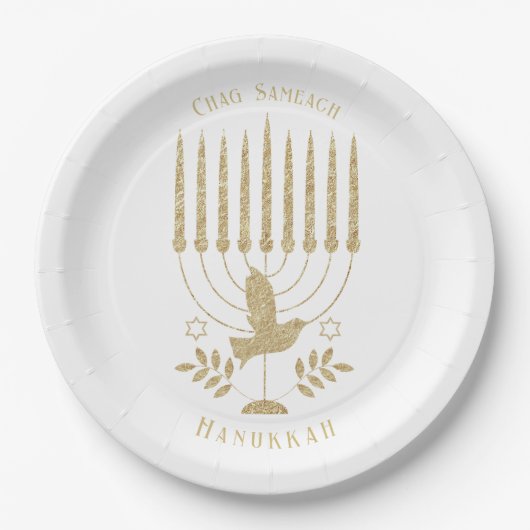 Elegant Goud Vliegende Duif Menorah Chanoeka Papieren Bordje (Voorkant)
