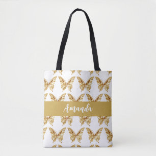 Elegant Goud Vlinder Patroon Naam Tote Bag