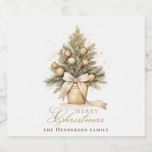 Elegant Goud Vrolijk Kerstboom Custom Name Sparkling Wijnetiket (Enkel label)