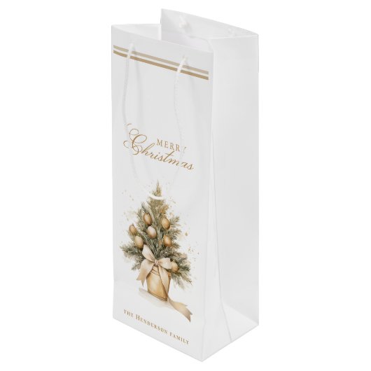 Elegant Goud Vrolijk Kerstboom Custom Name Wijn Cadeautas (Achterkant Gekanteld)