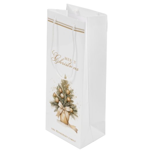 Elegant Goud Vrolijk Kerstboom Custom Name Wijn Cadeautas (Voorkant Gekanteld)