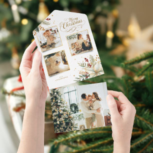 Elegant Goud Vrolijk Kerstfeest Botanisch 3-Foto All In One Uitnodiging