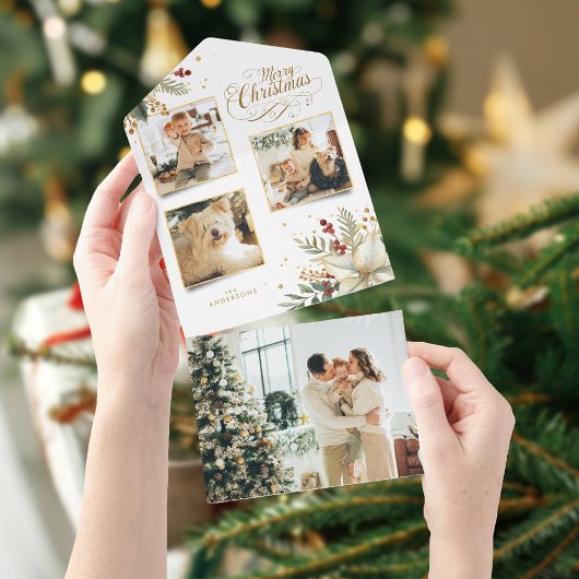 Elegant Goud Vrolijk Kerstfeest Botanisch 3-Foto All In One Uitnodiging