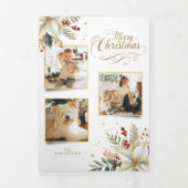 Elegant Goud Vrolijk Kerstfeest Botanisch 3-Foto Drieluik Wenskaart (Cover)