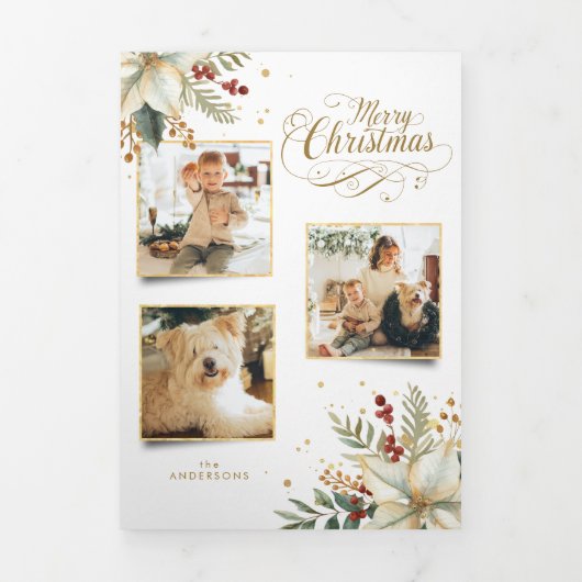 Elegant Goud Vrolijk Kerstfeest Botanisch 3-Foto Drieluik Wenskaart (Cover)